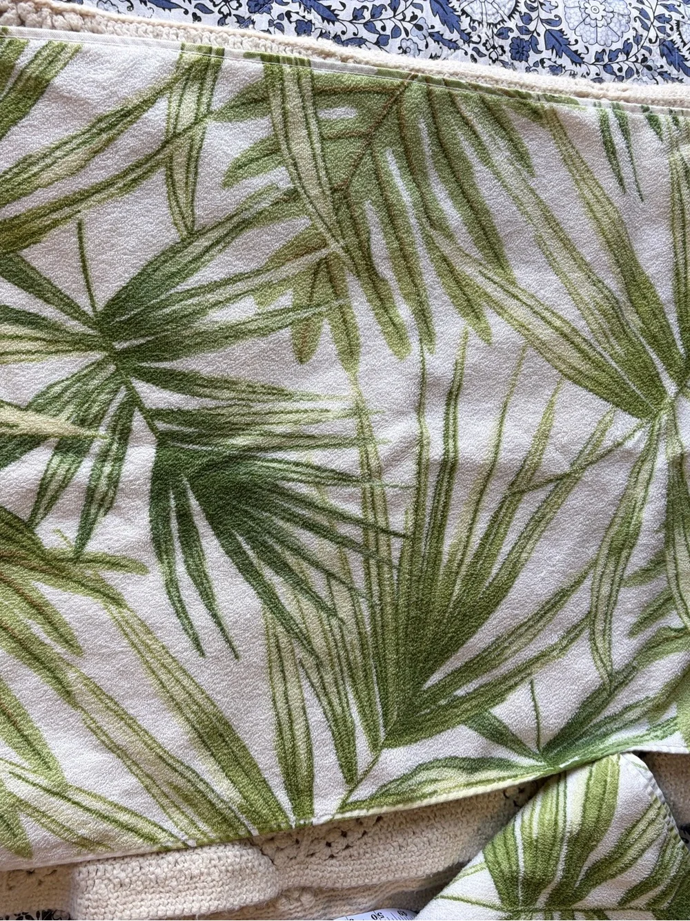 Pottery Barn pair of Green Palm Leaf hand towels coastal grandma tropical beach